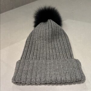 PAJAR Grey Ribbed Long Slouchy Toque Beanie Real Fur Black Pom Pom